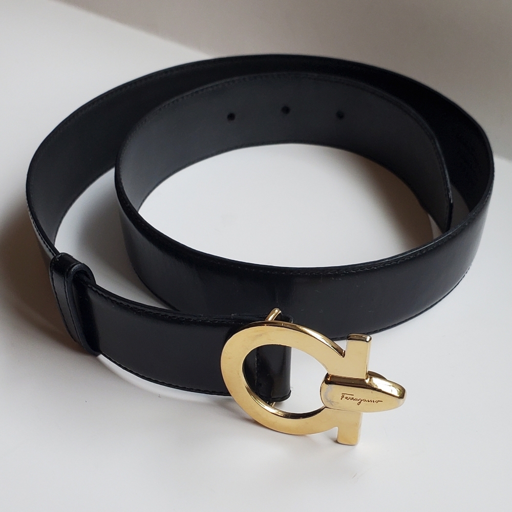 Salvatore Ferragamo Vintage Black Belt with Gold Plated Signature Buckle